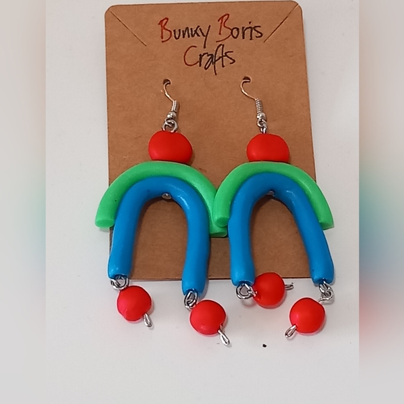 handcrafted Jewelry - Handmade dangly colourful polymer clay earrings rainbow shape brand new